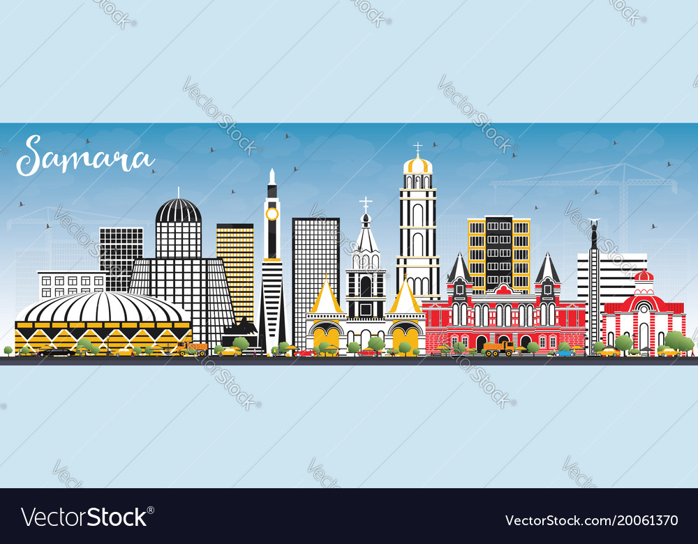 Samara russia city skyline with color buildings