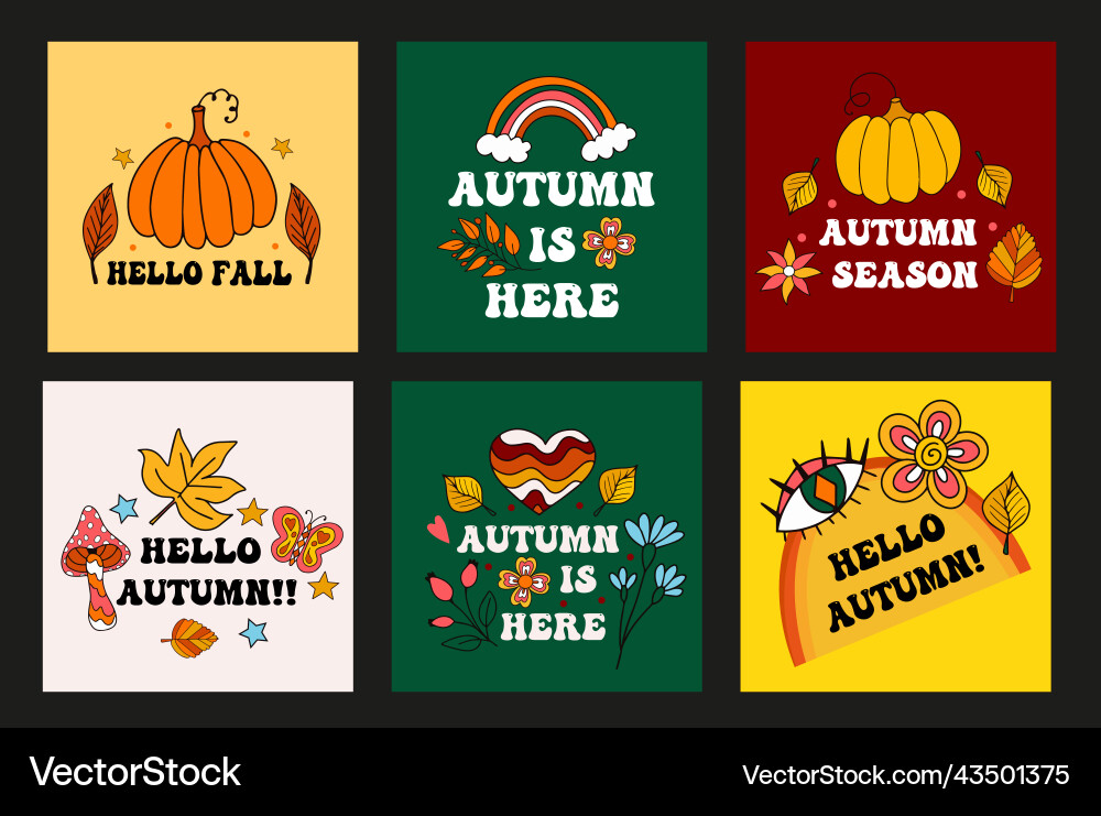 Retro 70s card with written hello autumn fall Vector Image