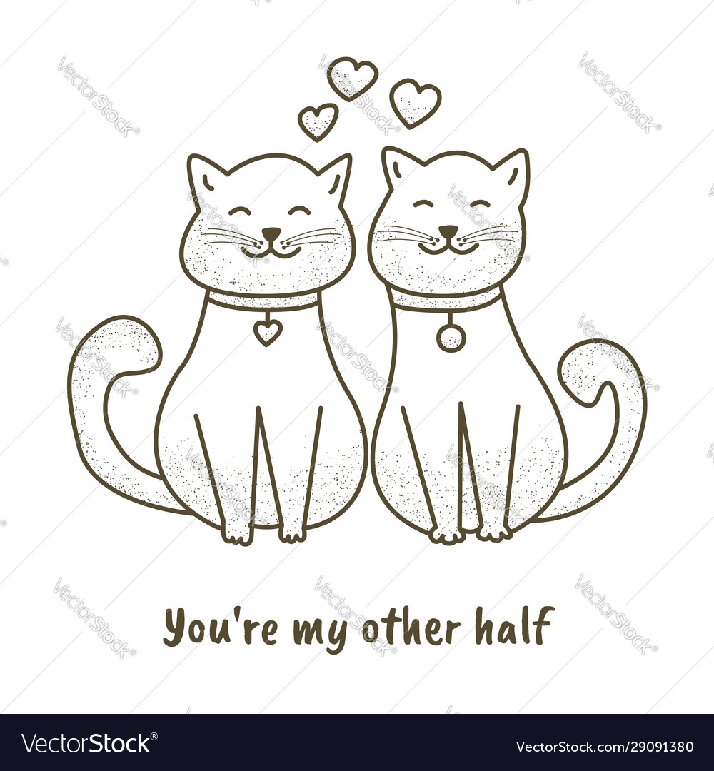 Lovely couple of cats and heart hand drawn style, Cute cartoon