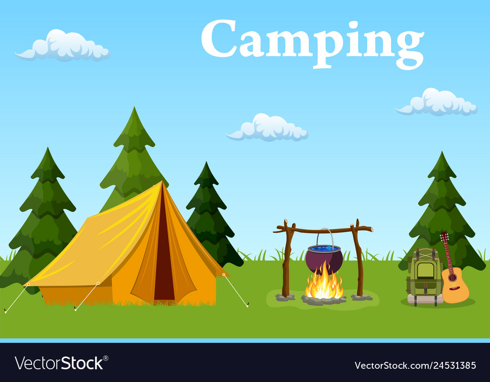 Tent campfire forest and water Royalty Free Vector Image