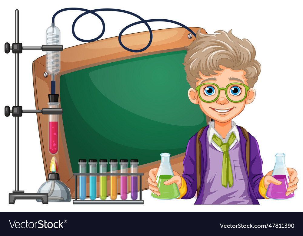 Male student cartoon holding conical flask on Vector Image