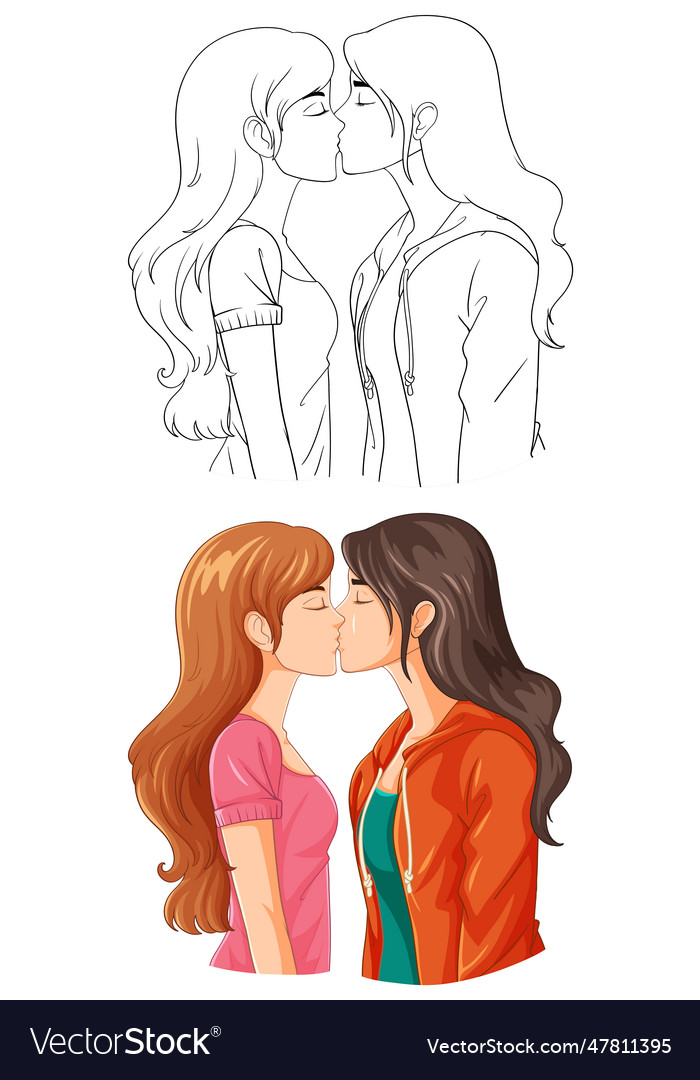 Lesbian Couple Cartoon Kissing Doodle Outline Vector Image