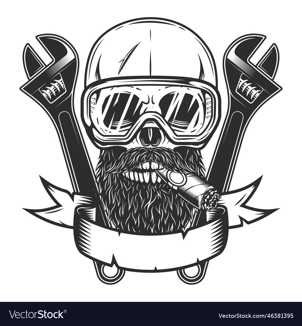 Skull Smoking With Beard In Glasses And Wrench Vector Image