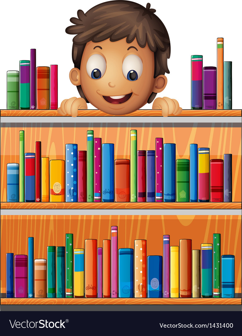 A Boy At The Back Of Wooden Shelves With Books Vector Image