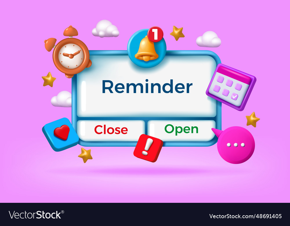 3d reminder notification render message calendar Vector Image