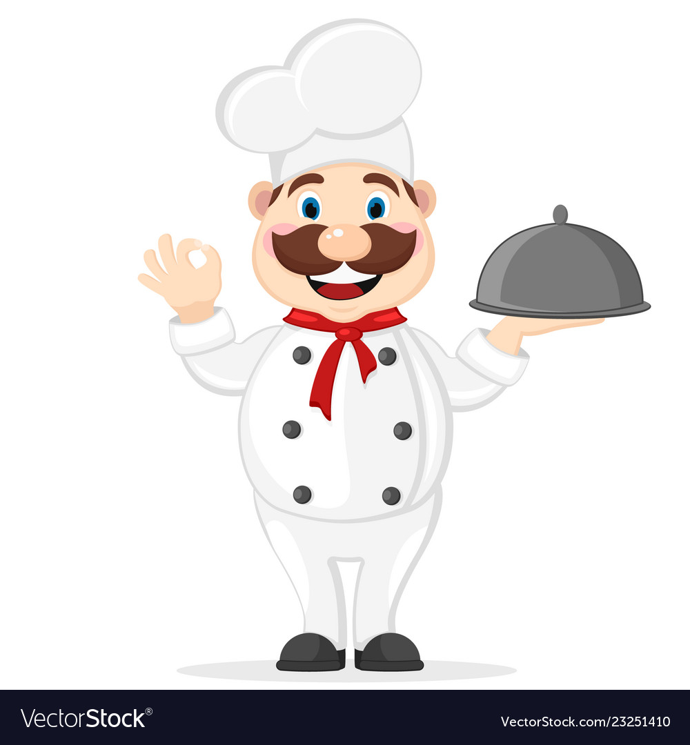 Chef holding tray and smiling on a white