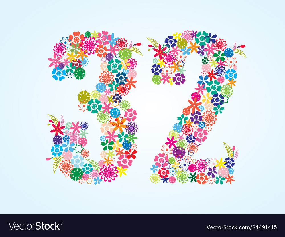 Colorful floral 32 number design isolated Vector Image