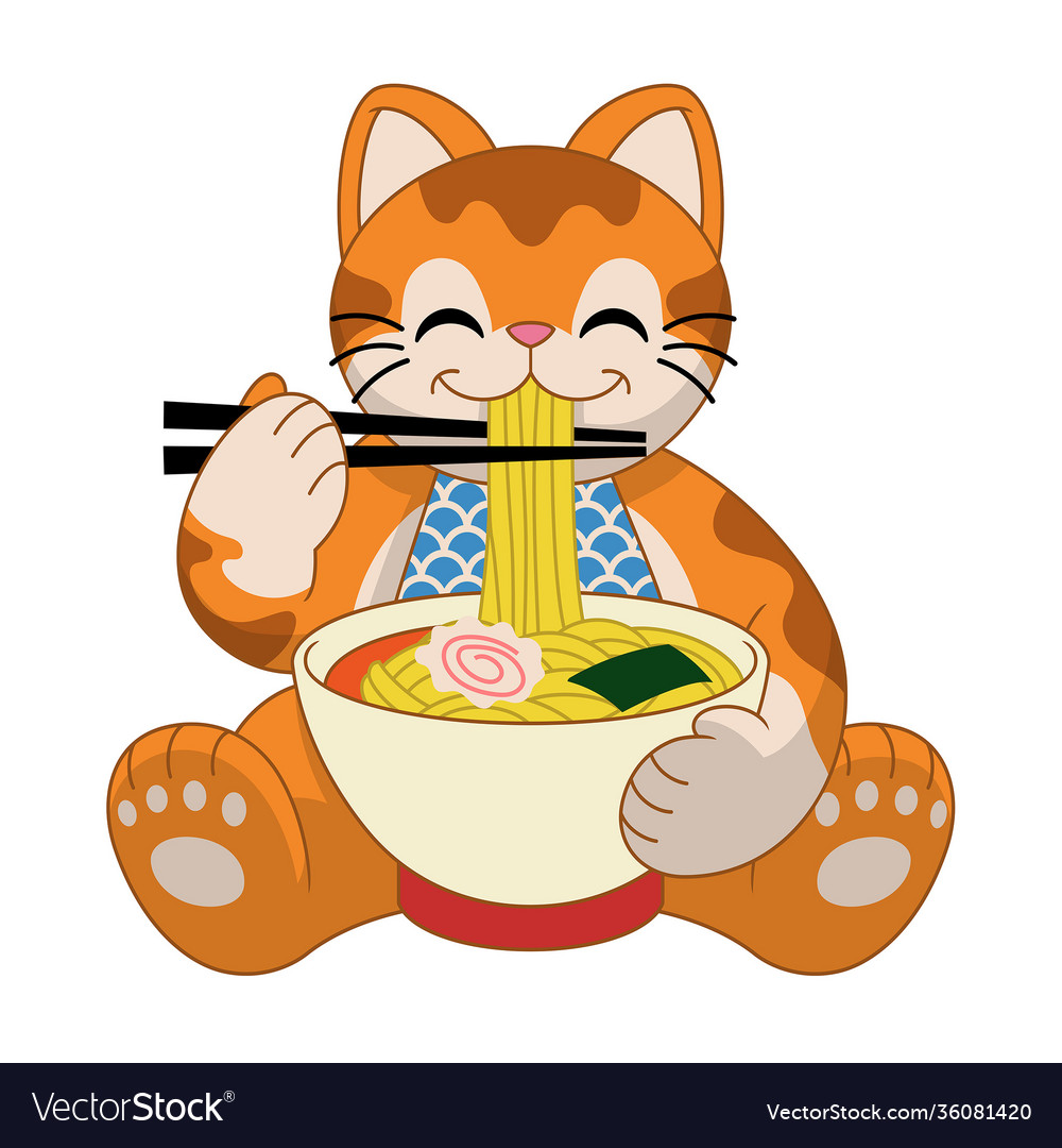 Cute cat eating ramen noodle Royalty Free Vector Image