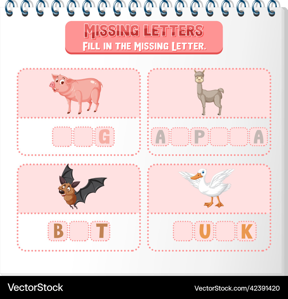 Fill the missing letter of each word worksheet Vector Image