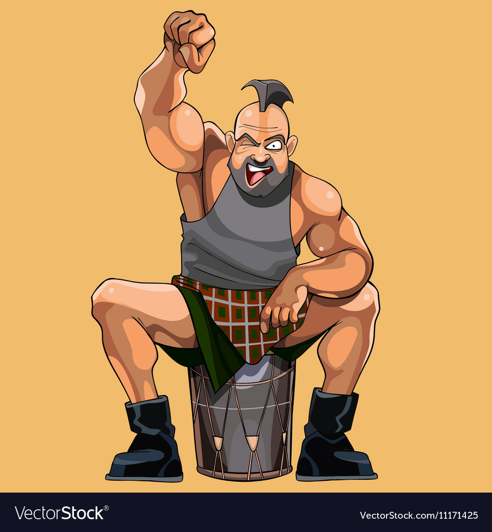 Cartoon muscular man happily cheers