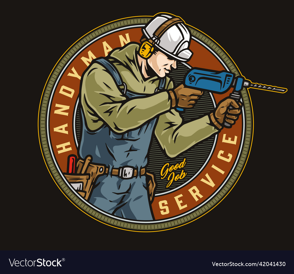 Handyman service round emblem with worker Vector Image