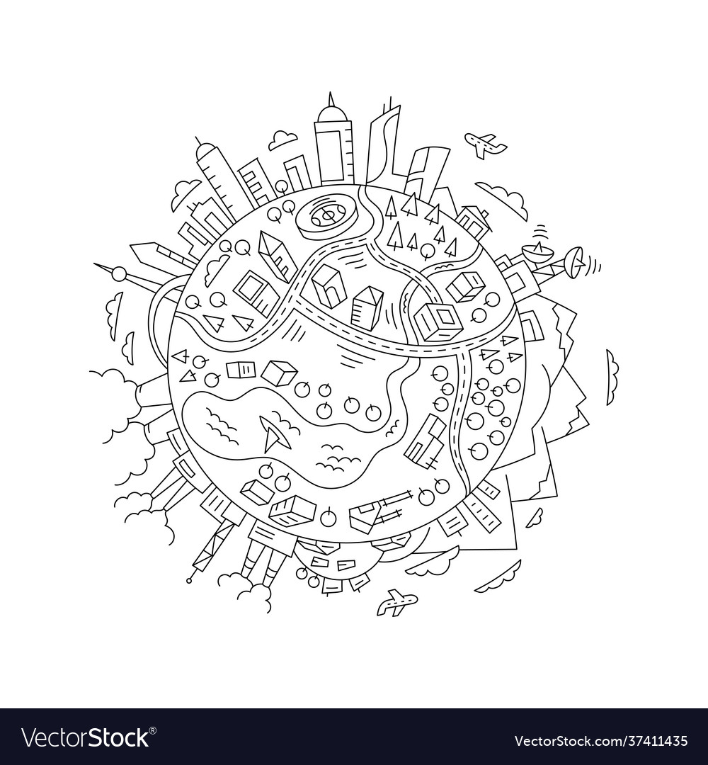 Round sketch world planet earth the city Vector Image