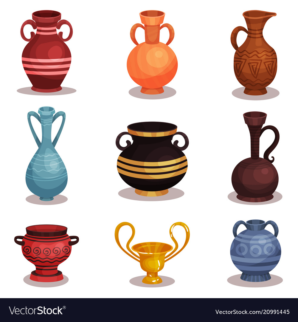 Flat Set Of Various Amphoras Ancient Greek Vector Image