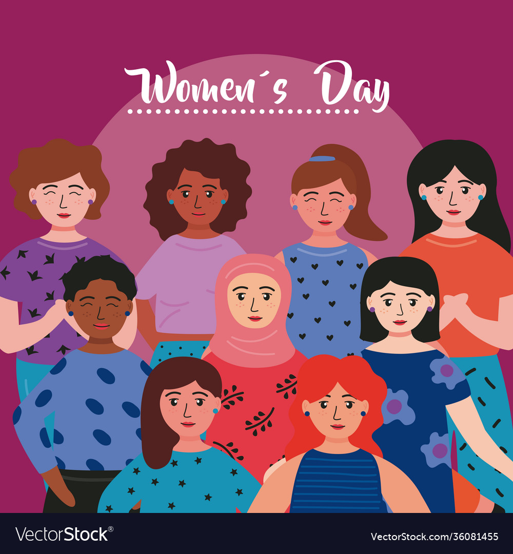 Happy womens day lettering card with interracial Vector Image