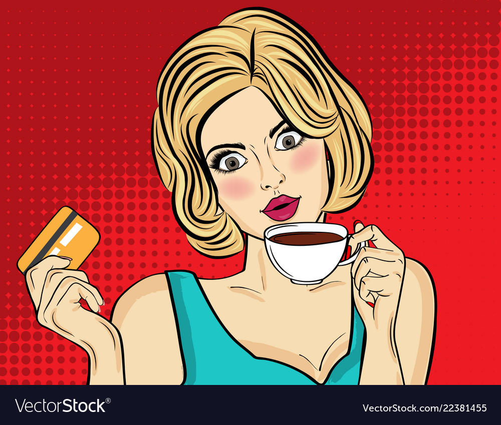 Sexy blonde pop art woman with coffee cup