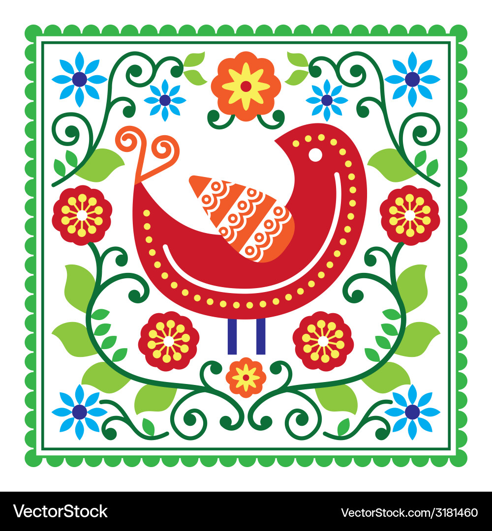 Folk art pattern with bird and flowers Royalty Free Vector
