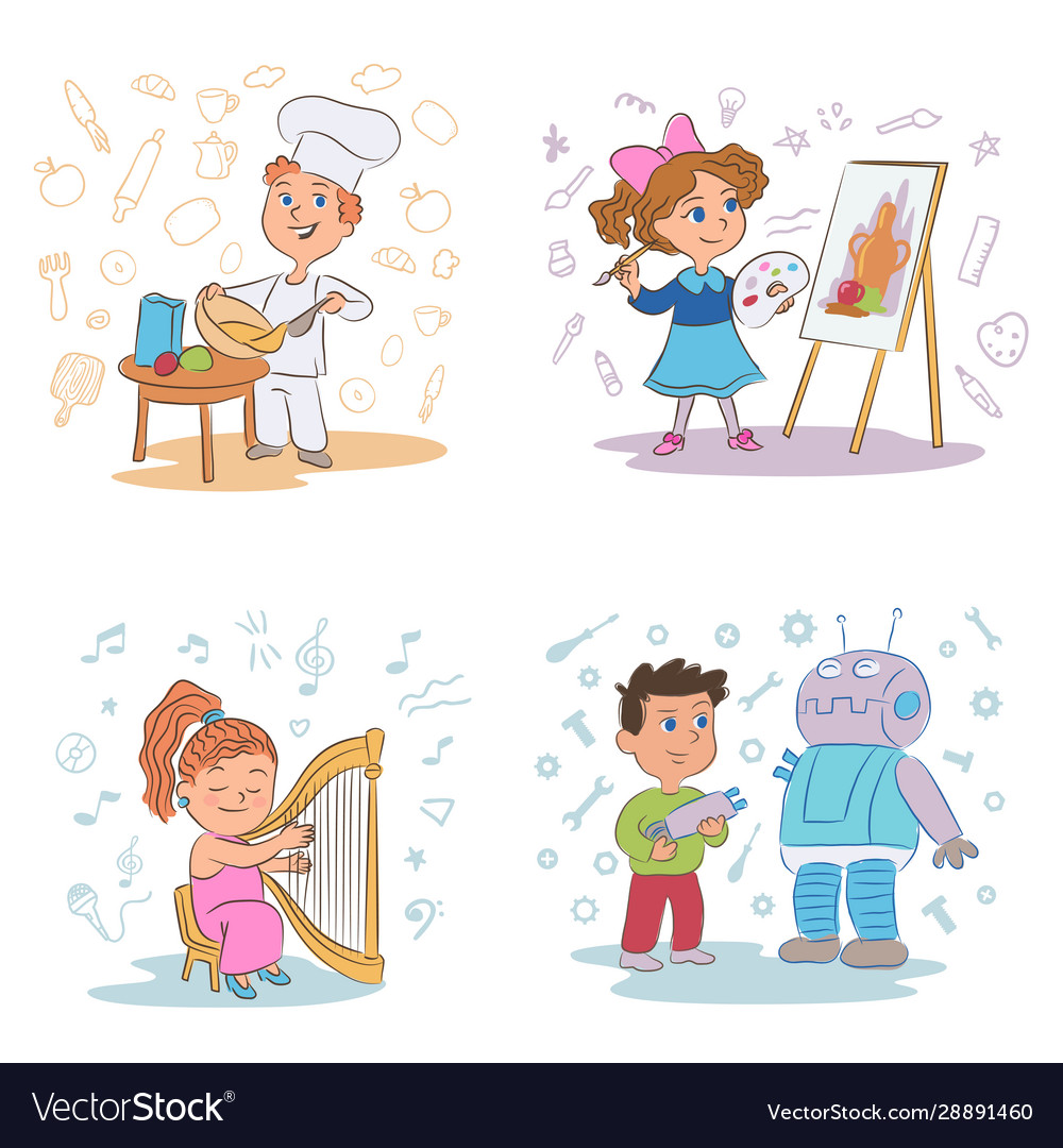 Kids hobbies cartoon set Royalty Free Vector Image