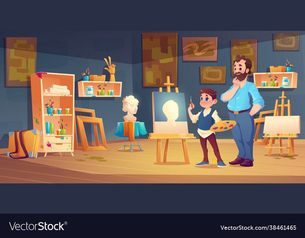 Art class scene with child studying painting Vector Image