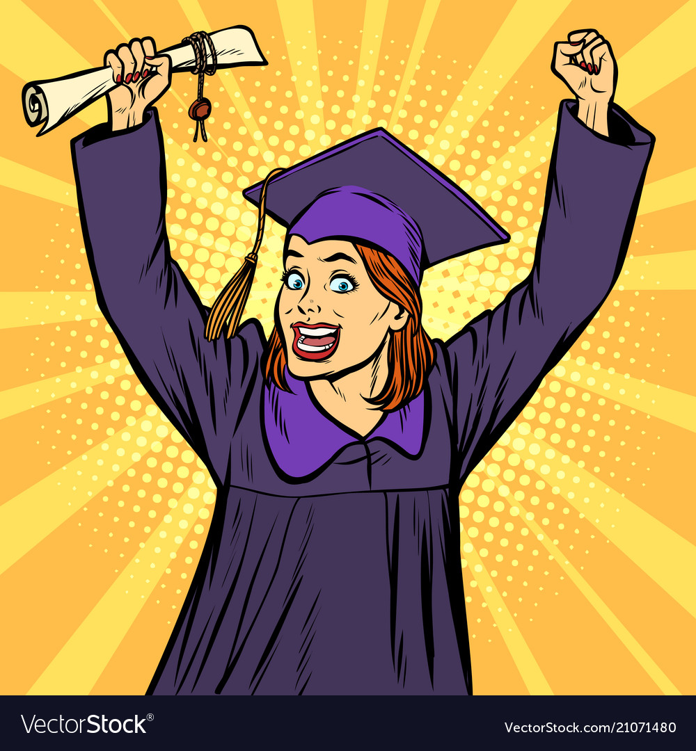 Joyful woman graduate victorious gesture hands up Vector Image