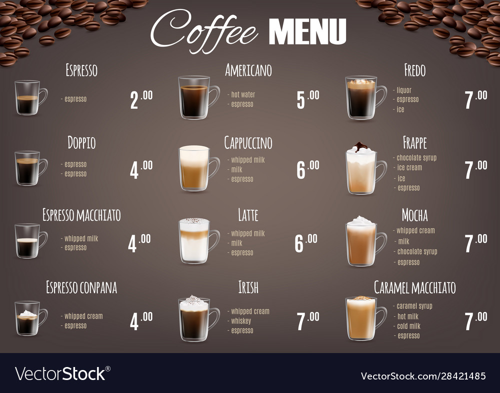 Coffee Drinks Menu Price List Template Vector 28421485 