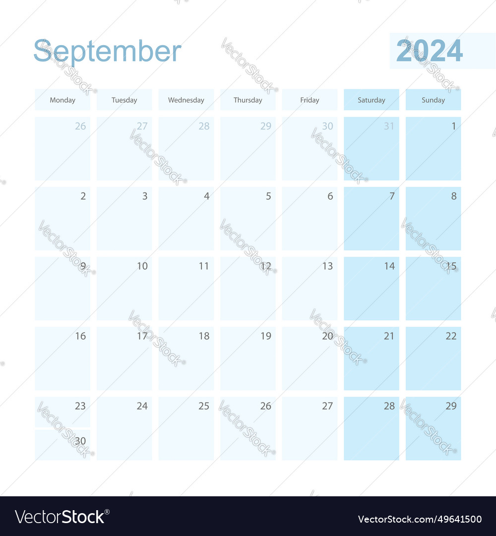 2024 September Wall Planner In Blue Pastel Color Vector Image