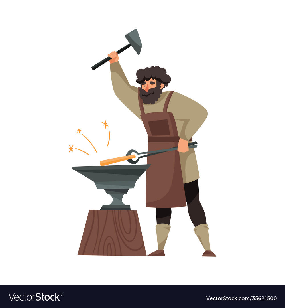 Bearded blacksmith in apron forging blade on the Vector Image