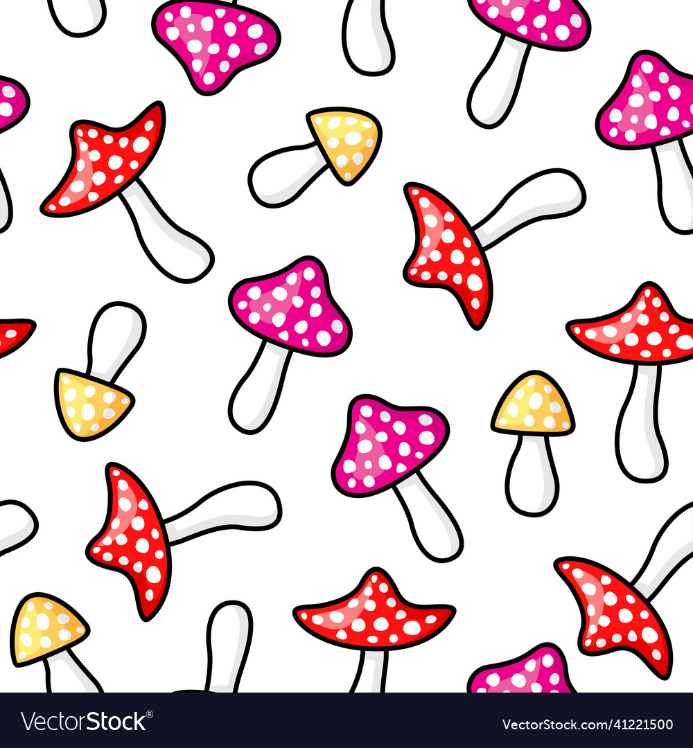 Cartoon Amanita Mushroom Pattern Seamless Vector Image