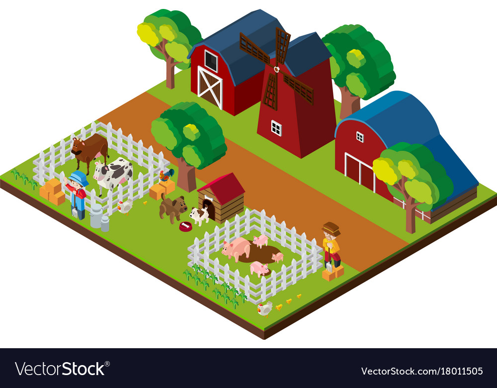 3d design for farm scene with animals and barns