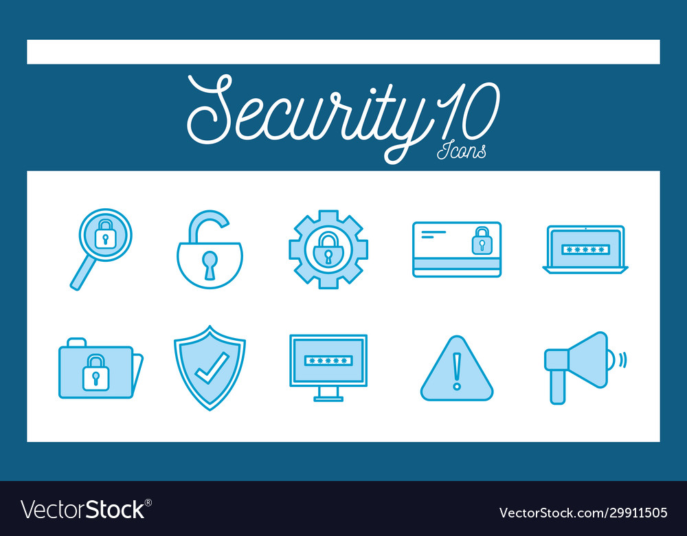 Isolated 10 security line and fill style icon set