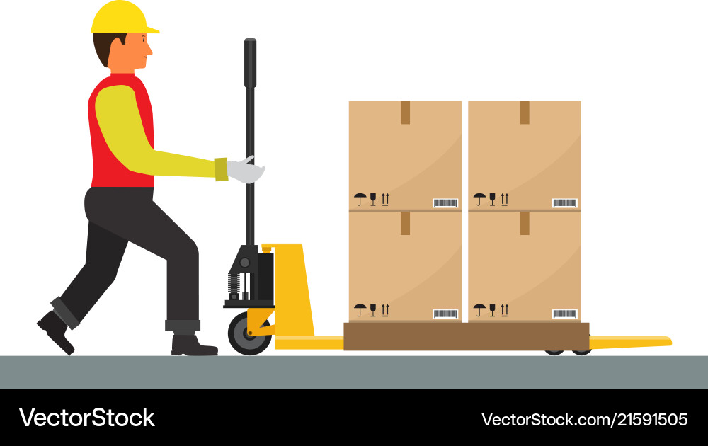 Man is driving pallet jack with cargo flat Vector Image