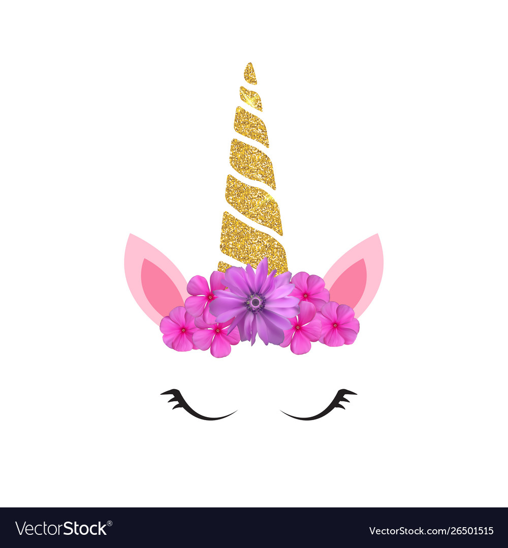 Cute Unicorn Head And Eyes With Flower Royalty Free Vector