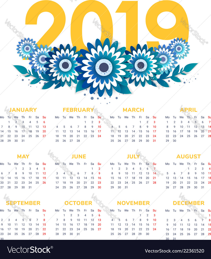 2019 new year calendar with flowers Royalty Free Vector