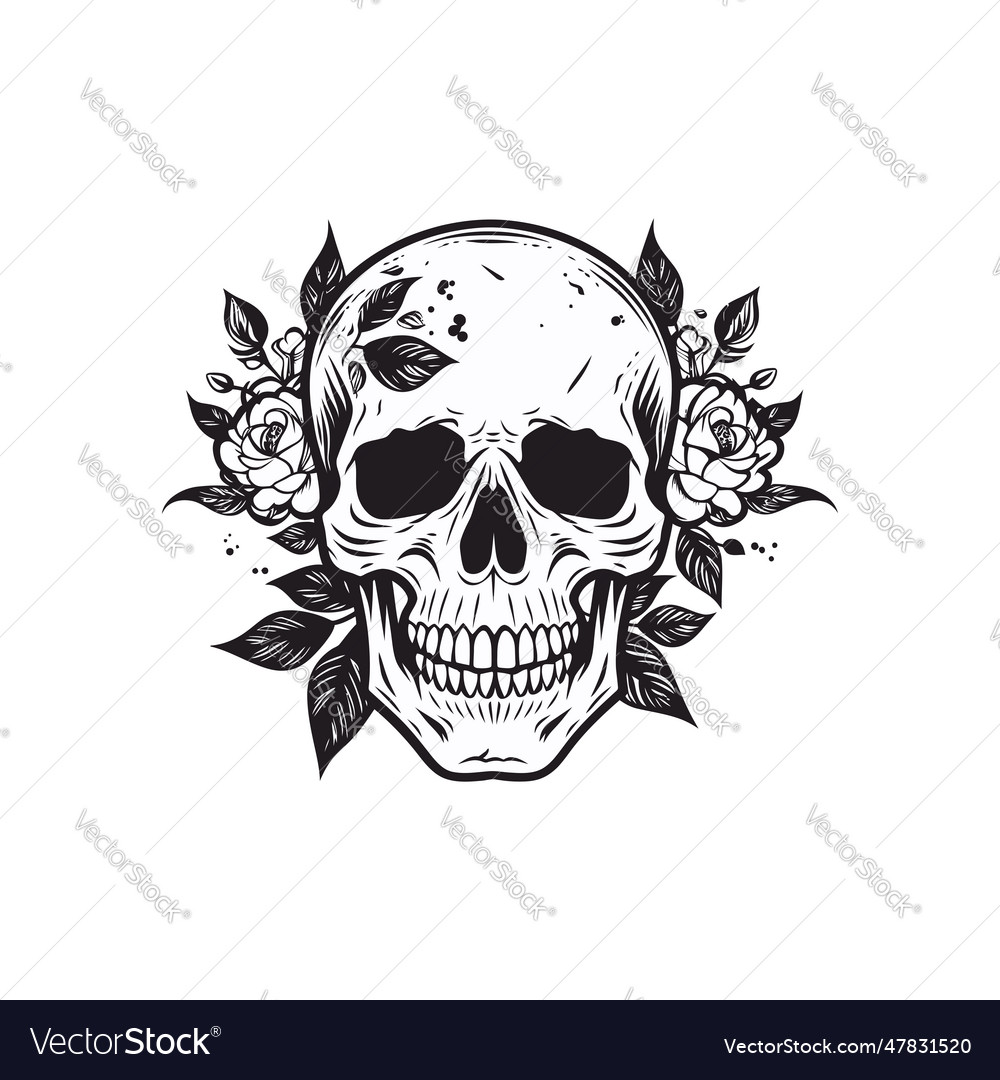 A skull and flowers in black flat color usable Vector Image