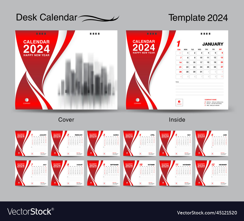 Desk calendar 2024 template set and red cover Vector Image