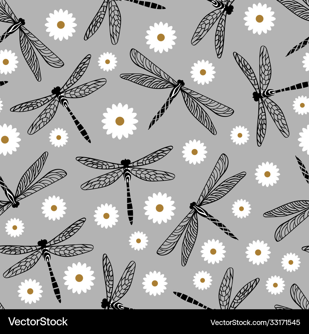 Dragonfly seamless pattern with chamomile Vector Image