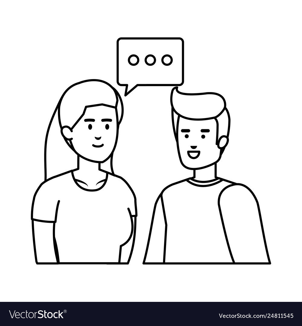 Young couple with speech bubble avatars characters