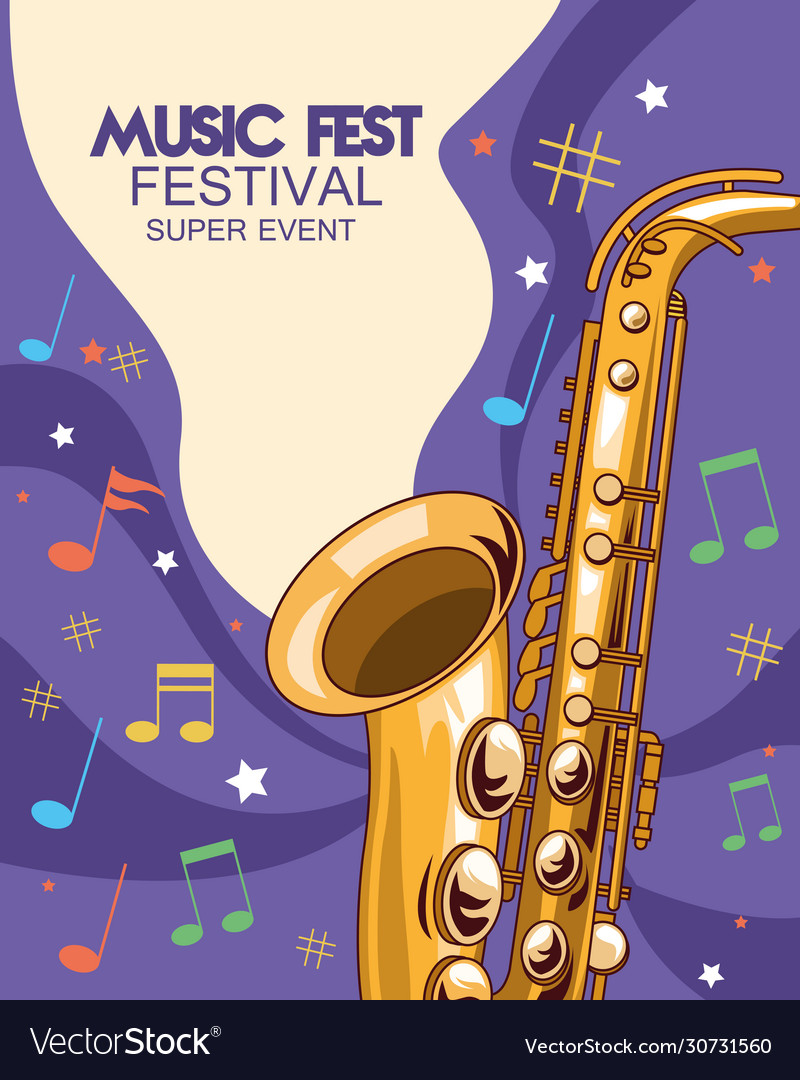 Music fest poster with saxophone Royalty Free Vector Image