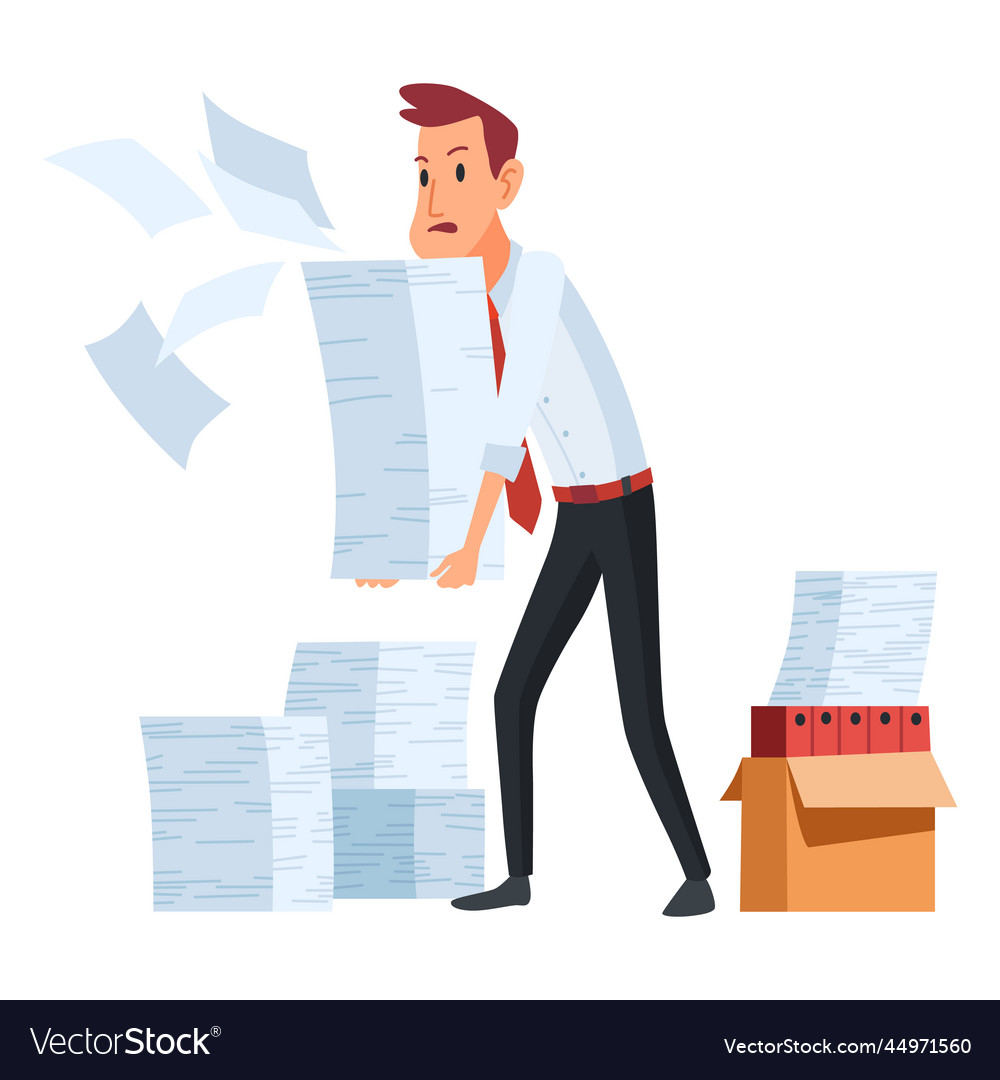 Office paperwork worker with stack Royalty Free Vector Image