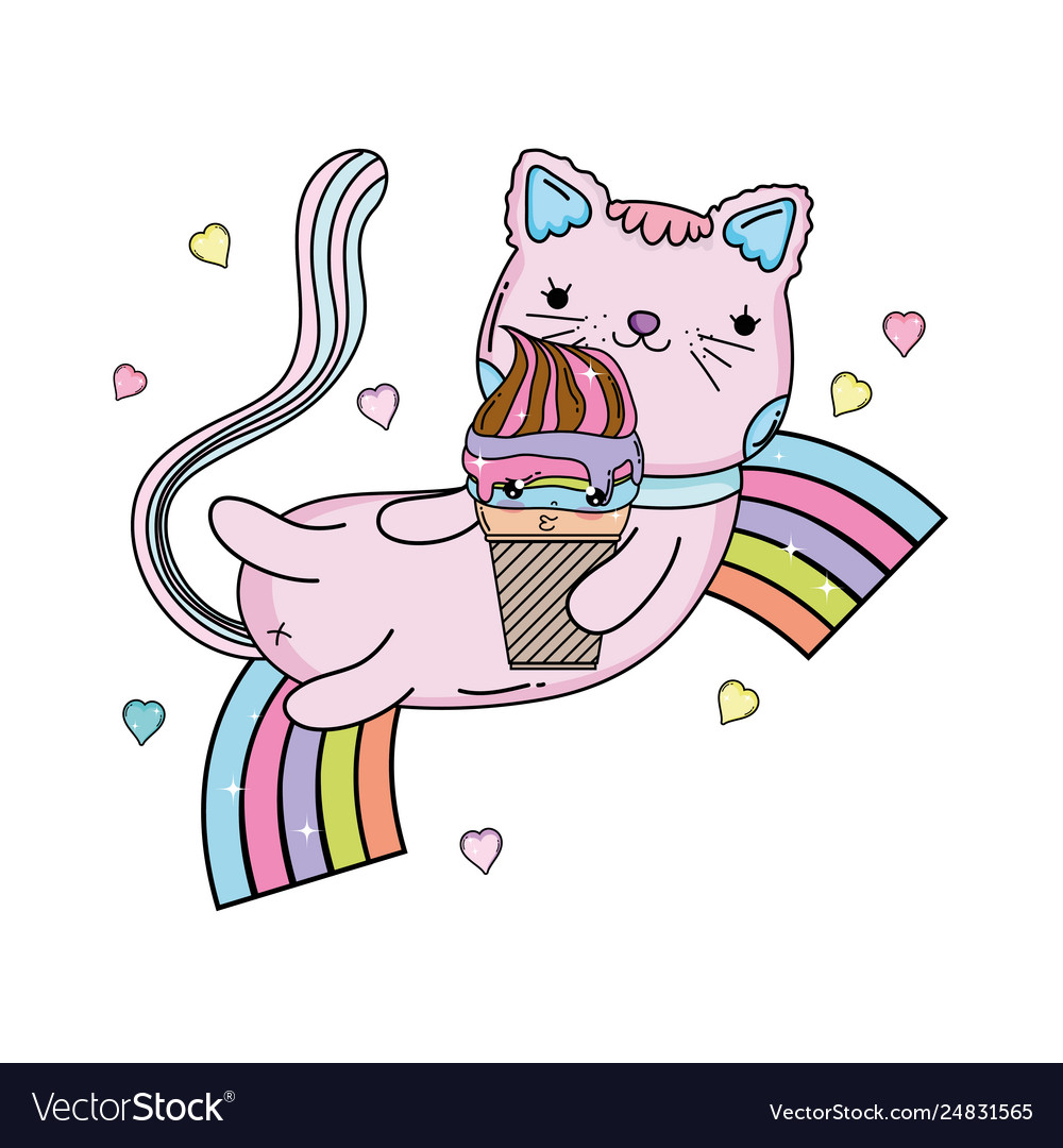 Cute cat with ice cream in rainbow