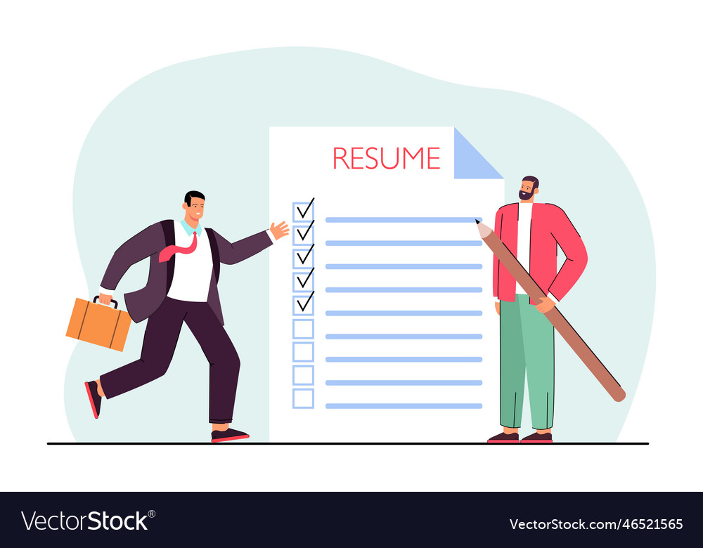 Tiny cartoon candidate and employer with resume Vector Image