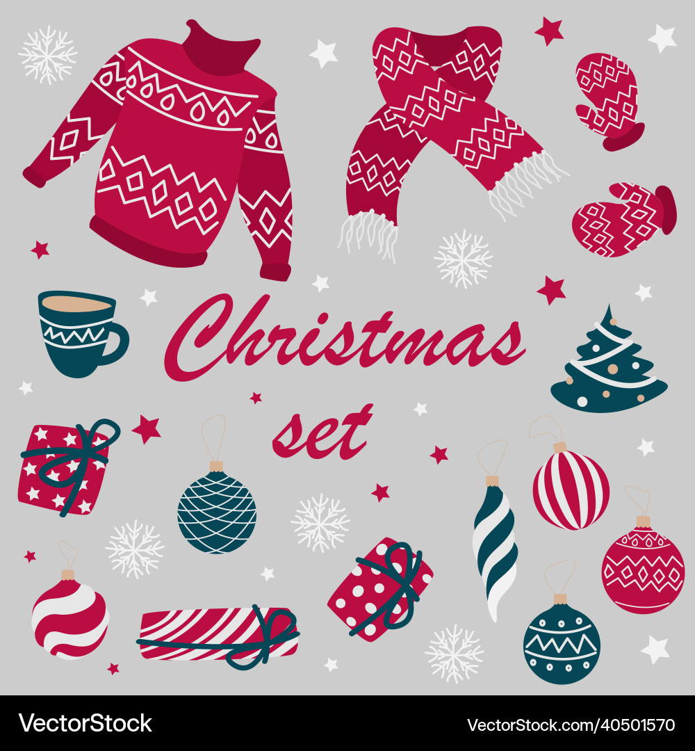 Set of festive winter flat elements Royalty Free Vector