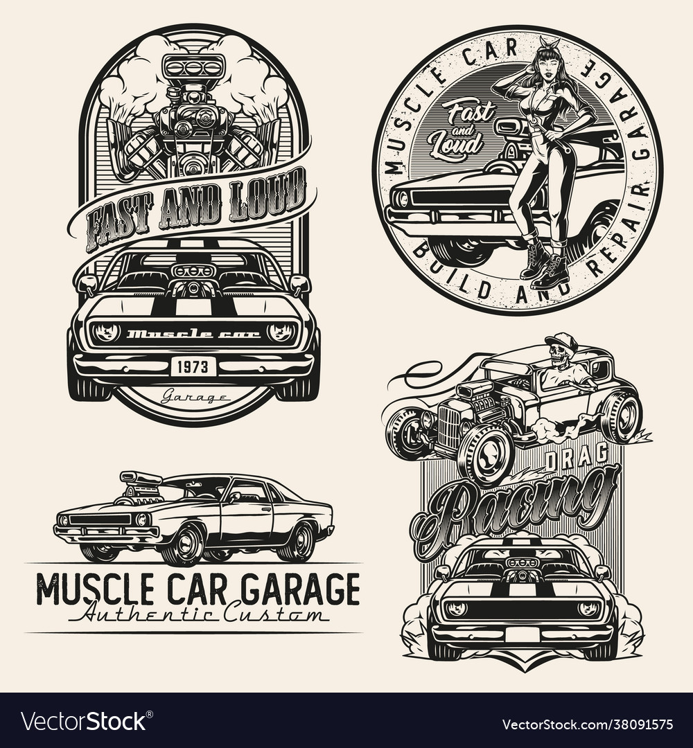 Custom cars vintage monochrome prints Royalty Free Vector