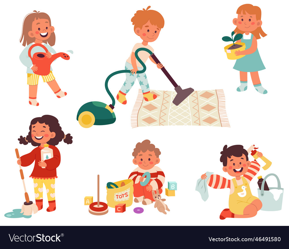 Children helpers flat set funny Royalty Free Vector Image