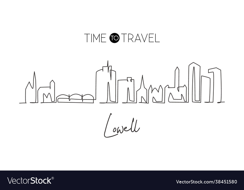 Single continuous line drawing lowell skyline Vector Image