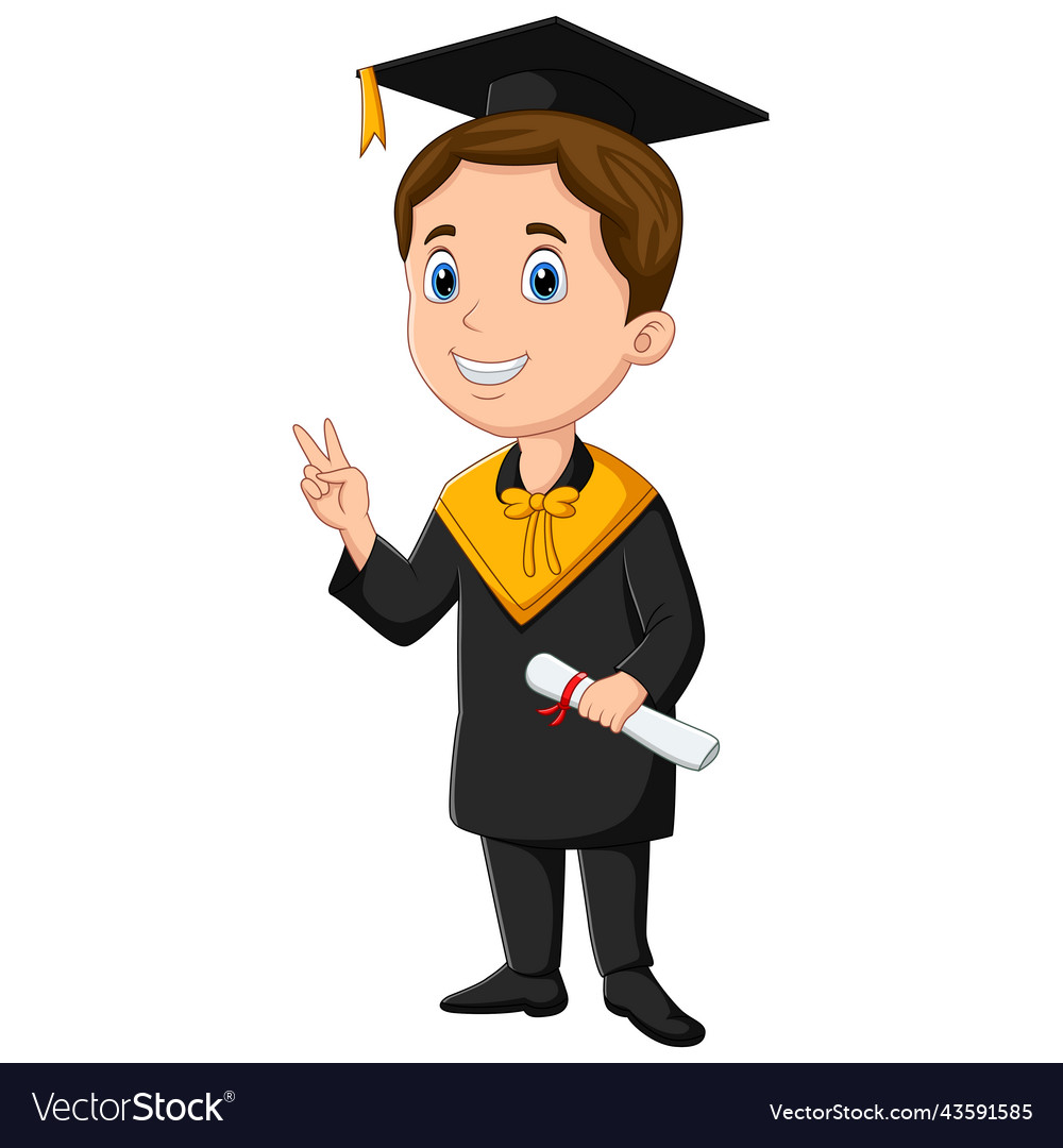 Cartoon boy in black gown holding a diploma Vector Image