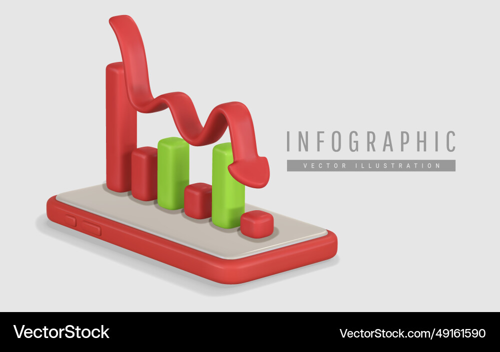 3d mobile phone with down graph in cartoon style Vector Image