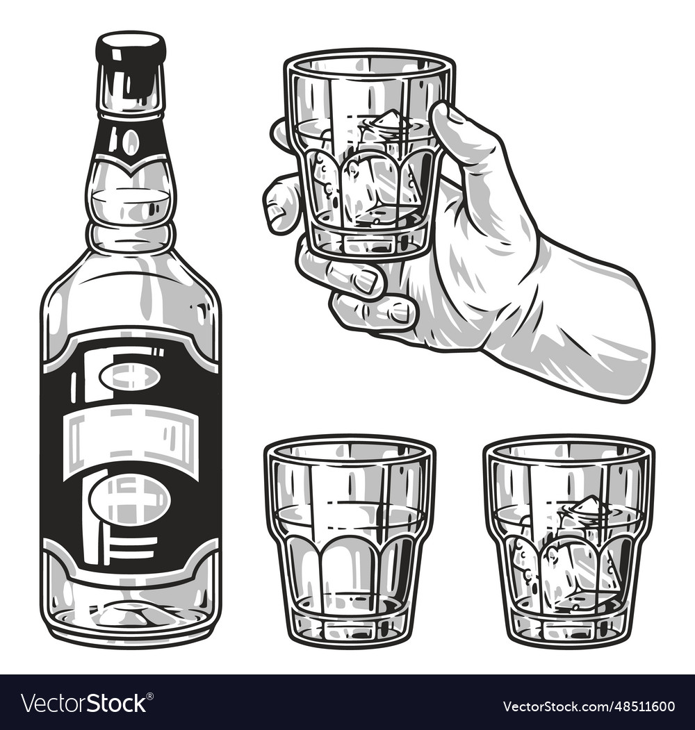 Whiskey drink monochrome set labels Royalty Free Vector