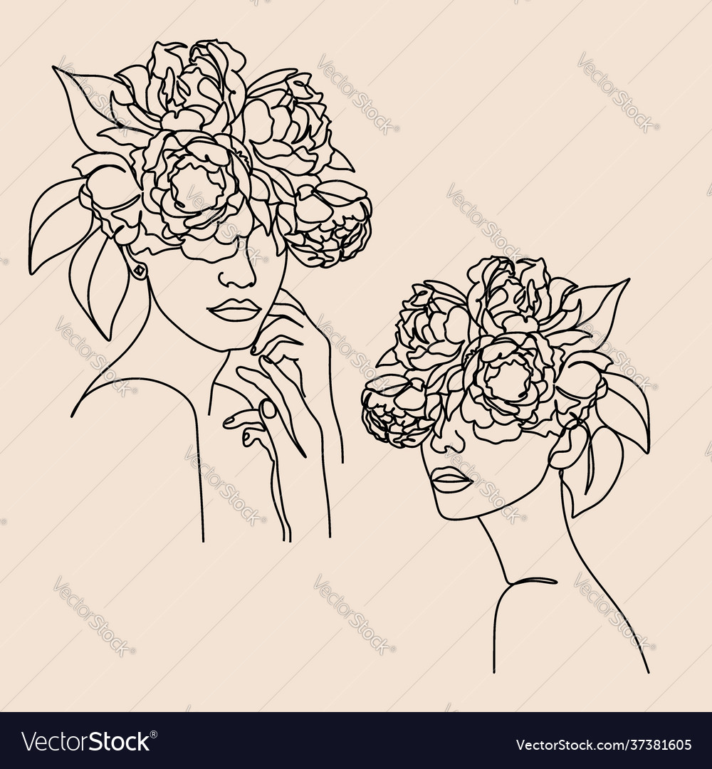 Abstract face with flowers one line drawing Vector Image