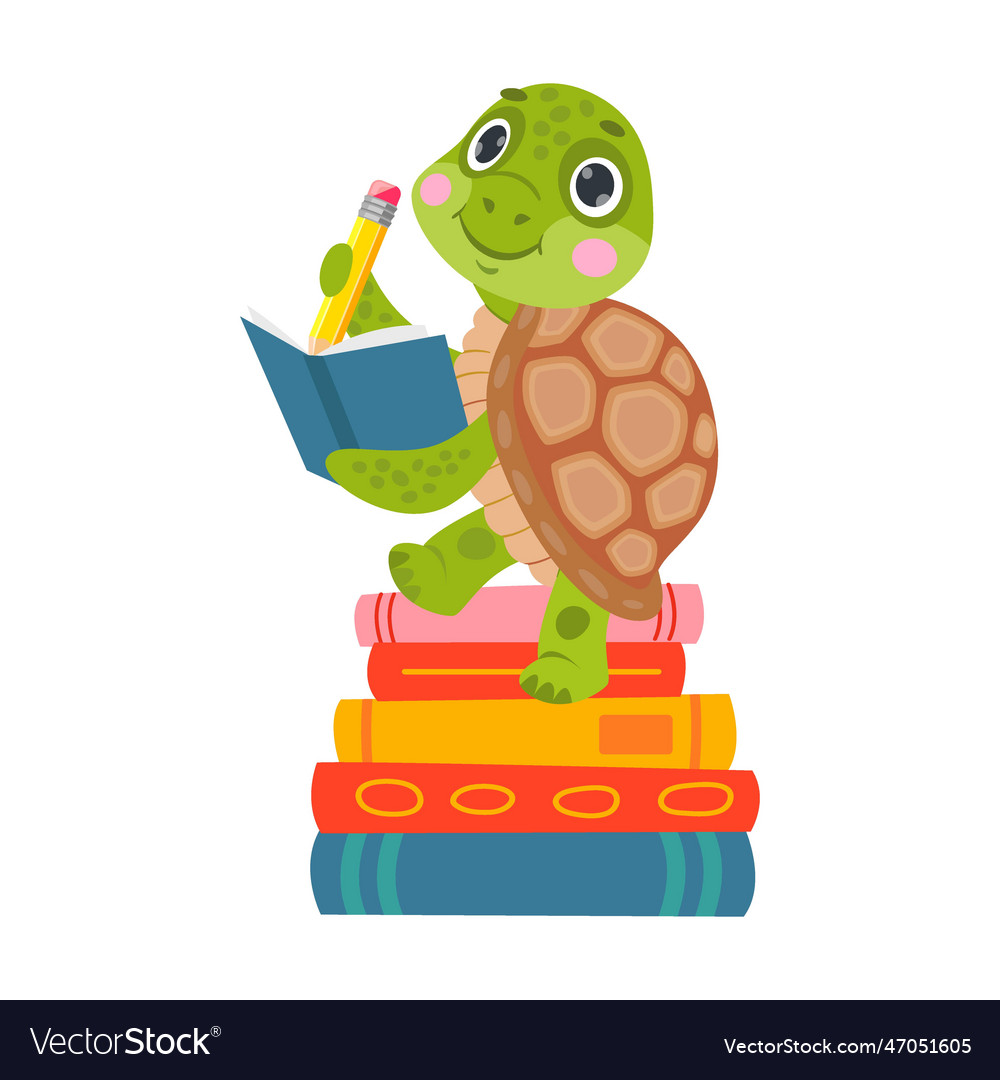 Cute animal young turtle reading book cartoon Vector Image