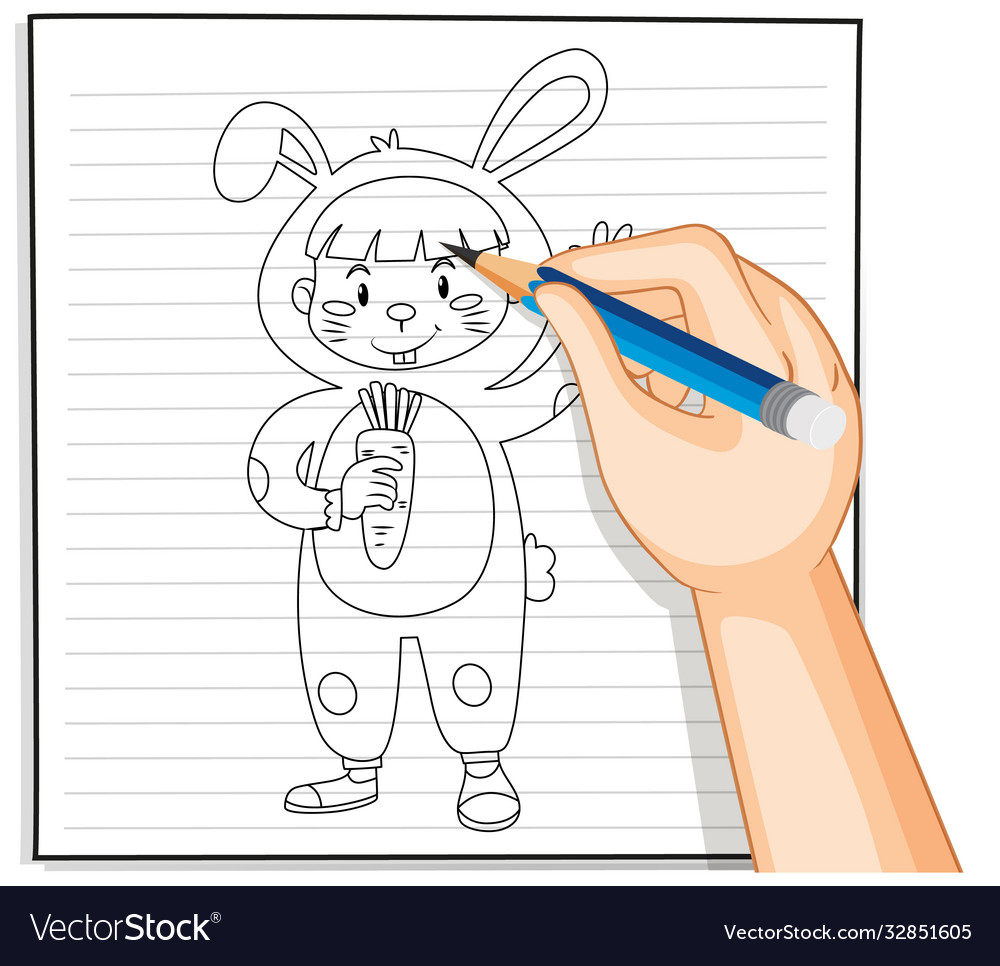 Hand Drawing Kid In Rabbit Costume Outline Vector Image